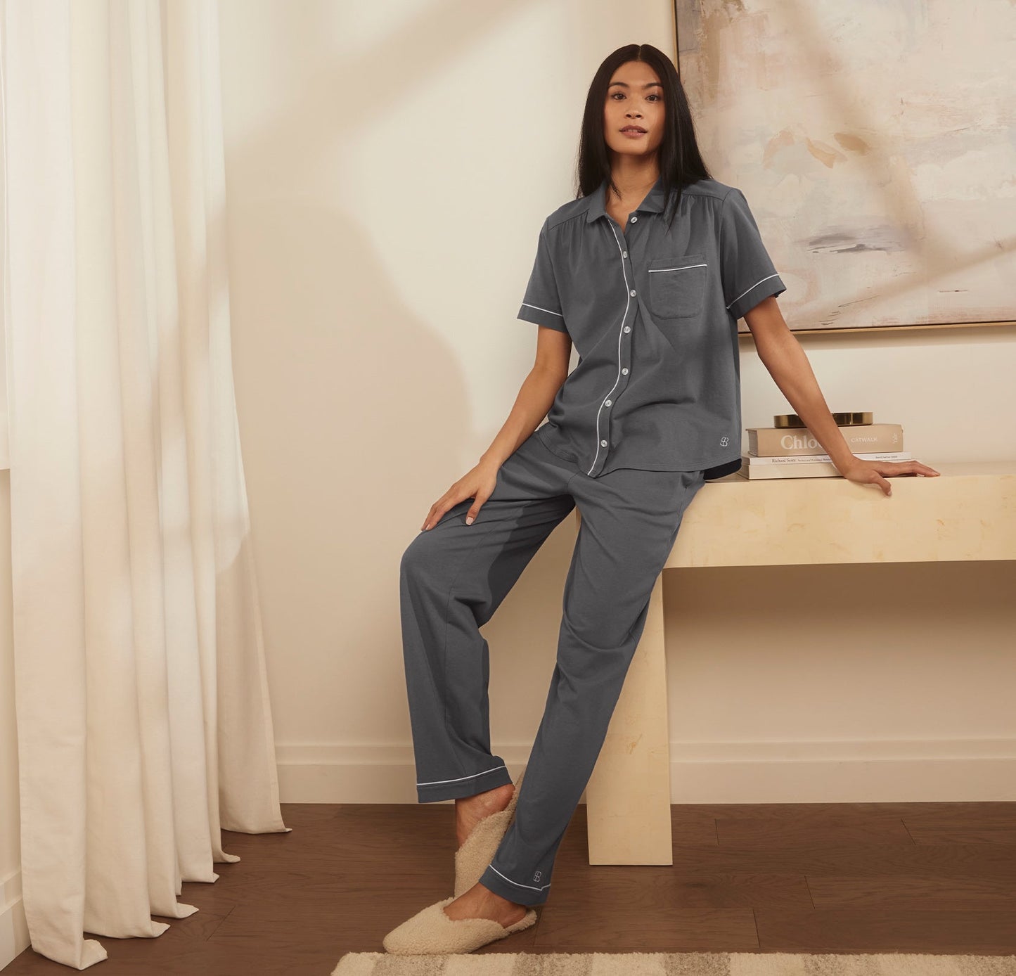 Model wearing Pajama Set in Night